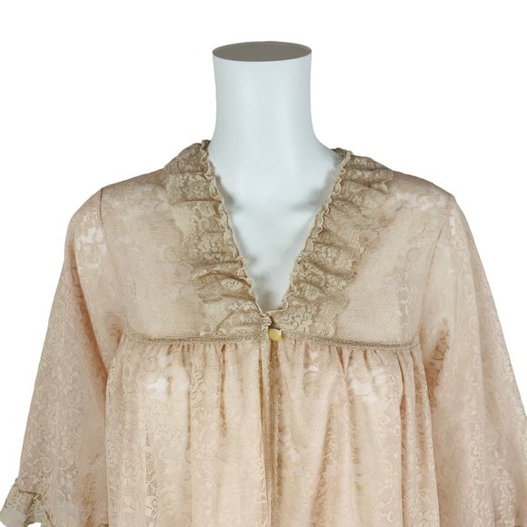 Vintage 60s Lace Robe Beige Pink Nylon Babydoll Deadstock Lingerie - Picture 3 of 10